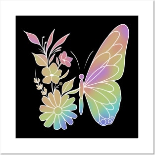 rainbow butterfly - white outline Posters and Art